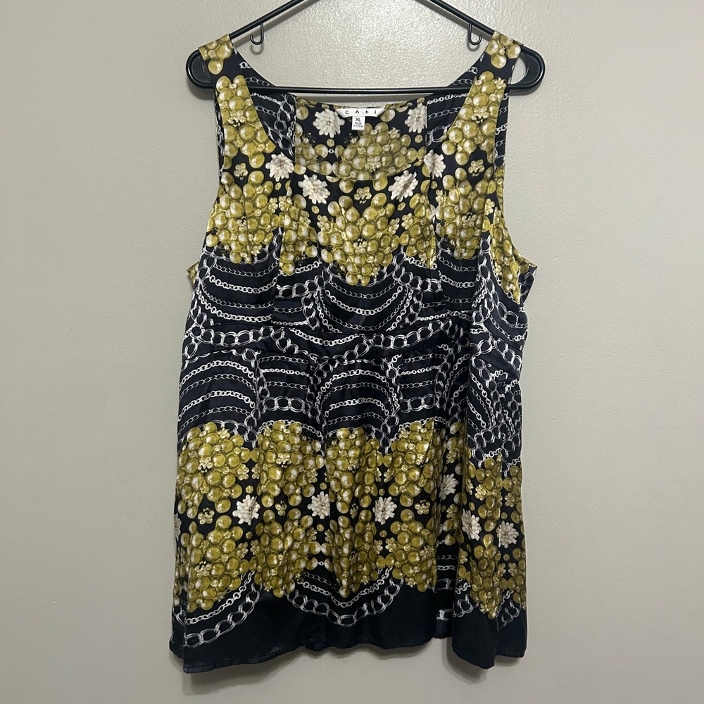 Cabi Blouse XL Black Gold Green 100% Silk Chain Pearl Floral Luxury Designer